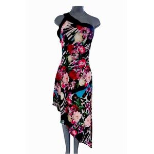 Y2K Venus Asymmetrical Palm & Leopard Print Dress Medium One Shoulder